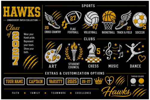 A black and gold embroidery patch collection design sheet for 'Class of 2027 Hawks' with various sports, clubs, and customization options illustrated with sports icons and text.