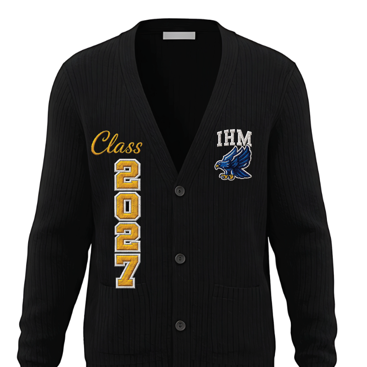 A black ribbed knit cardigan sweater with 'Class 2027' and an 'IHM' eagle logo embroidered on the front, shown on a plain white background.