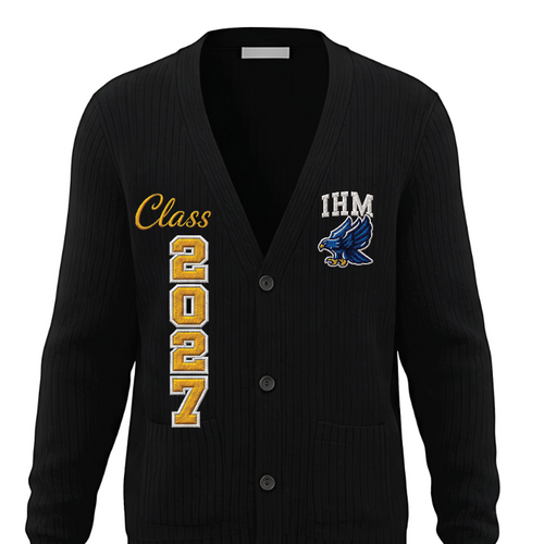 A black ribbed knit cardigan sweater with 'Class 2027' and an 'IHM' eagle logo embroidered on the front, shown on a plain white background.