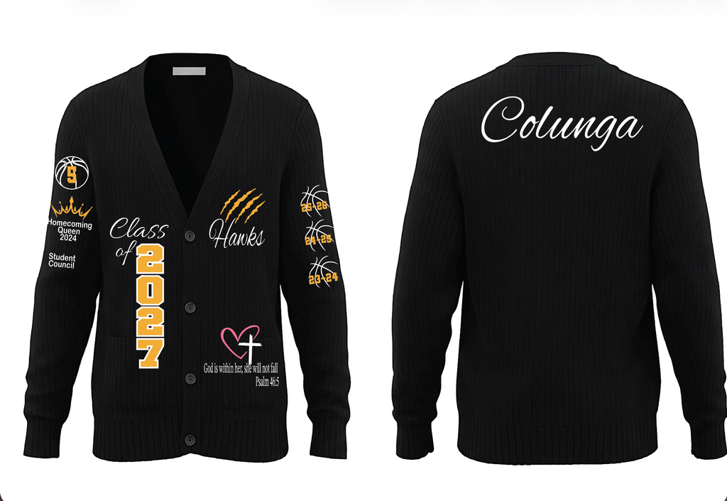 Black knit cardigan sweater shown from the front and back on a white background. The front features gold and white custom text and graphics including 'Class of 2025', 'Hawks', and basketball player illustrations.