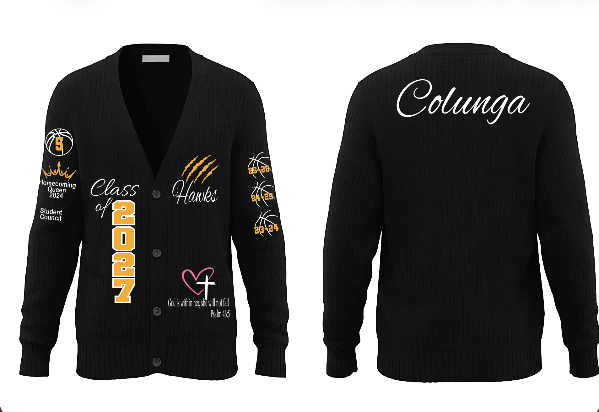 Black knit cardigan sweater shown from the front and back on a white background. The front features gold and white custom text and graphics including 'Class of 2025', 'Hawks', and basketball player illustrations.