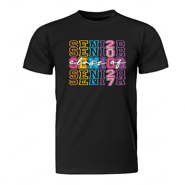 A black short-sleeve t-shirt with a colorful graphic on the chest reading 'SENIOR 2027' in stacked neon-style letters and a white script overlay reading 'stay off'.