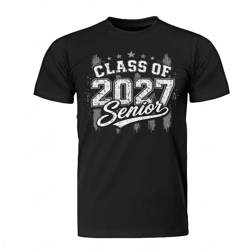 A black short-sleeve crewneck t-shirt with a distressed white graphic on the front that reads 'CLASS OF 2027 Senior' with stars and paint splatter details, shown on a plain white background.