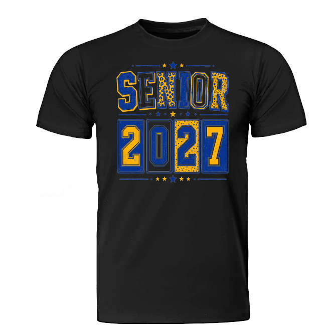 A black short-sleeve crewneck t-shirt featuring a 'SENIOR 2027' graphic on the chest in blue and gold, displayed on a clean white background.
