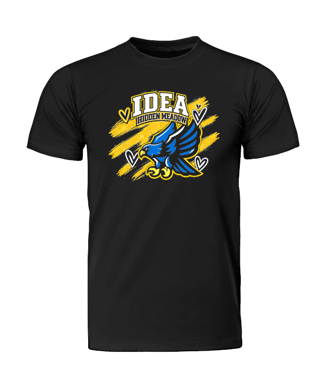 A black short-sleeve crewneck t-shirt featuring a graphic on the chest with a blue bird, yellow brushstrokes, and the text 'IDEA HIDDEN MEASURY'.