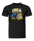 A black short-sleeve crewneck t-shirt featuring a graphic design on the front. The design includes a blue hawk logo and the text 'IDEA HIDDEN MEADOW Once a Hawk & Always a Hawk' in white and yellow.