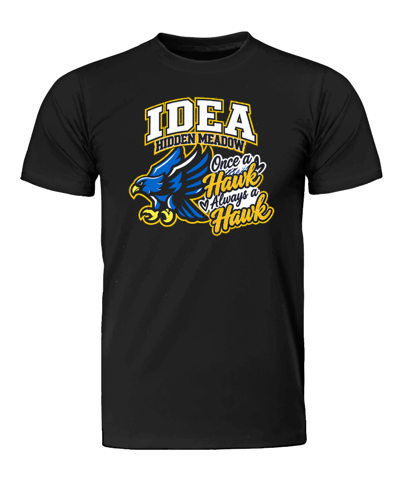 A black short-sleeve crewneck t-shirt featuring a graphic design on the front. The design includes a blue hawk logo and the text 'IDEA HIDDEN MEADOW Once a Hawk & Always a Hawk' in white and yellow.