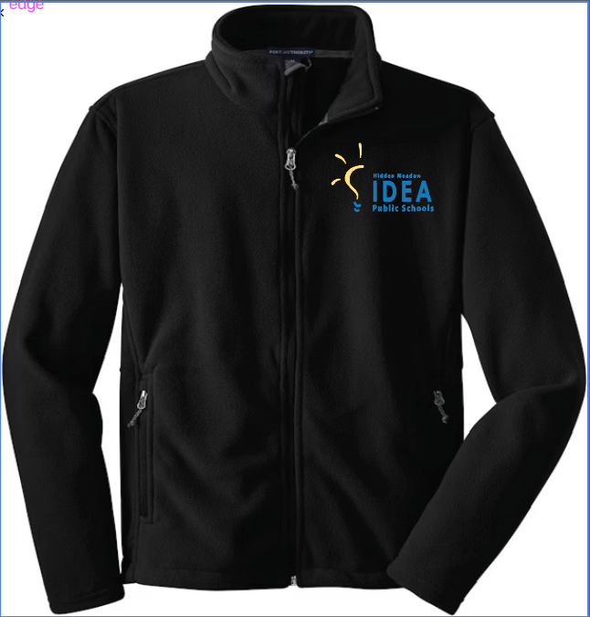 Black fleece jacket with a blue embroidered logo on the left sleeve and a reverse coil zipper.