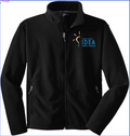 Black fleece jacket with a blue embroidered logo on the left sleeve and a reverse coil zipper.