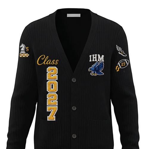A black ribbed knit cardigan sweater with varsity-style embroidery, featuring 'Class 2027' in gold and white on the front, an 'IHM' eagle logo on the left chest, and football patch designs on both sleeves.