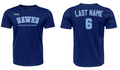 Front and back views of a royal blue short-sleeve t-shirt. The front features 'HAWKS' in arched light blue letters with 'HIDDEN MEADOW' underneath and a small 'IDEA' logo on the left chest.