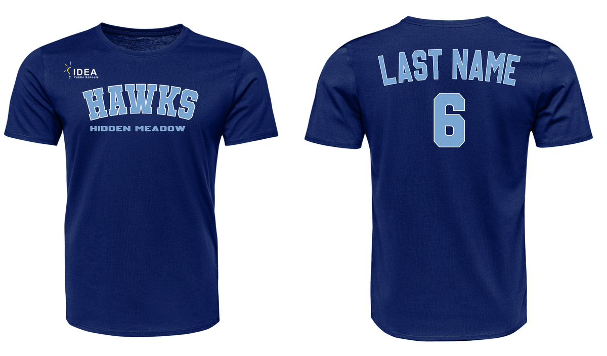 Front and back views of a royal blue short-sleeve t-shirt. The front features 'HAWKS' in arched light blue letters with 'HIDDEN MEADOW' underneath and a small 'IDEA' logo on the left chest.