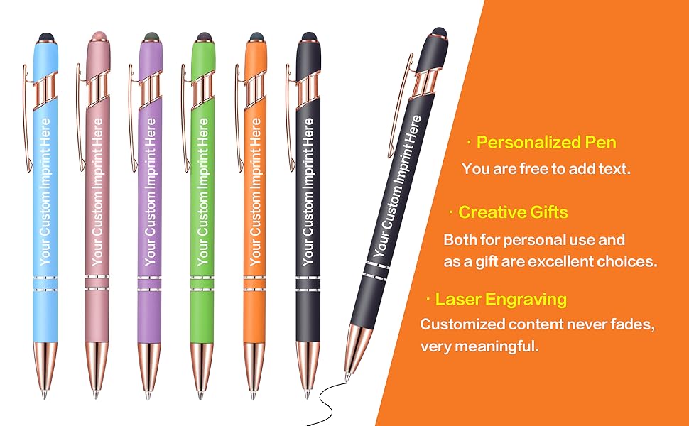 Set of personalized pens with customizable text on an orange background
