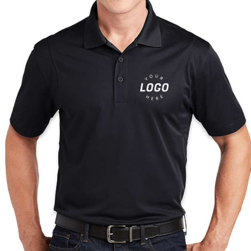 Black polo shirt with customizable logo on a white background